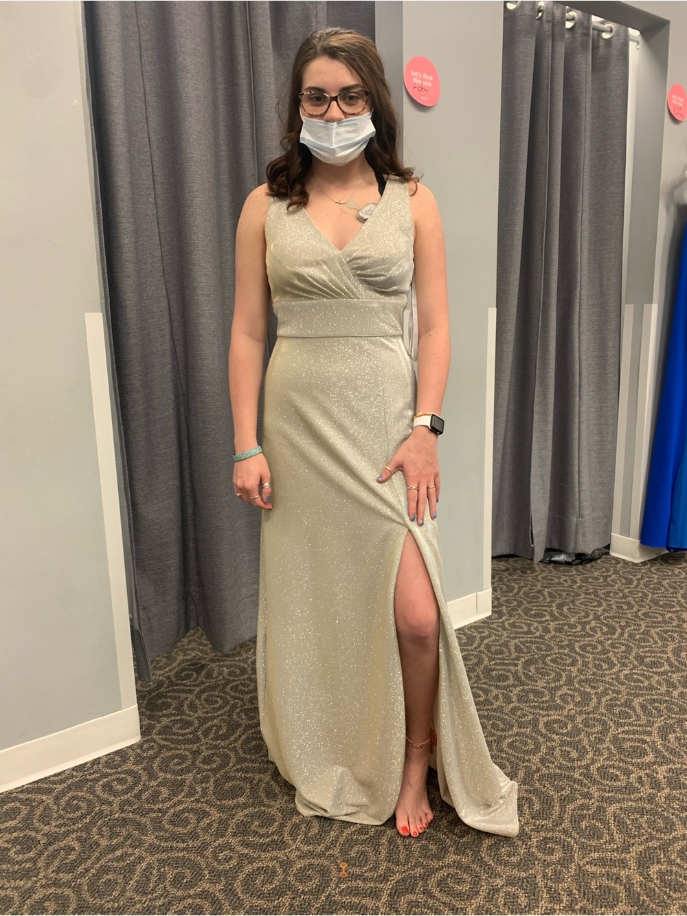 OC by Oleg Cassini Silver Shimmer V-Neck Prom Dress